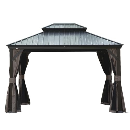 RockRain 12x14FT Hardtop Gazebo: Upgraded Metal Outdoor Shelter with Drainage System & Dual-Layer Steel Roof - Privacy Curtains & Mosquito Netting for Yoga Meditation Space in Patio Garden Backyard