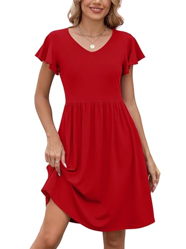Image of Heymoments Women Summer Dress Ruffle Sleeve Red XX-Large Crewneck Casual Cute Loose Sundress Comfy Swing Midi Work Flowy Tunic Ladies Beach Vacation Teacher Dresses with Pockets