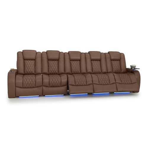 Image of Seatcraft Diamante Tobacco Italian Leather Home Theater Seating, Zero Gravity Power Recliner Gaming and Home Office Chair, Powered Headrest Lounge Sofa Furniture for Cinema Room, Row of 5 Sofa