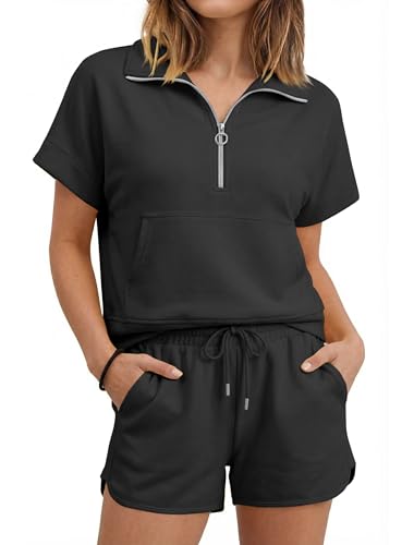 DATAMOUNT Womens Short Sets 2 Piece Outfits Half Zip Summer Matching Sets
