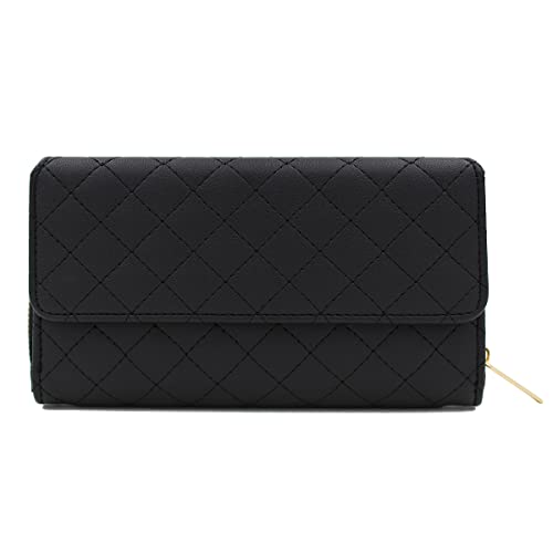 Premium Saffiano Vegan Pu Leather Flap Wallet Zip Around Clutch Phone Organizer, Quilted Black #TOP1