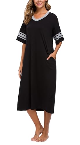 Womens Nightgown V Neck Knit Long Sleepwear Short Sleeve Soft Loungewear with Pockets S-XXL
