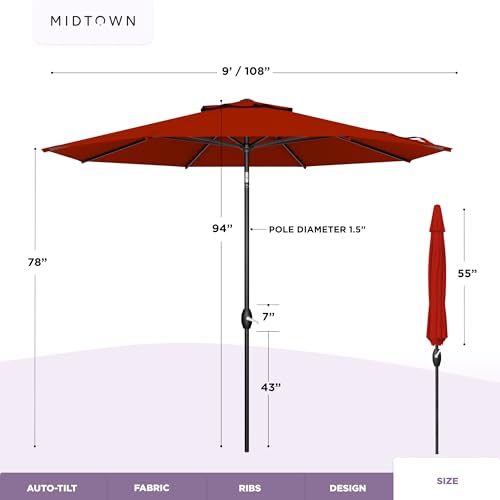 Image of Midtown Umbrellas - 10-Year-No-Fade 9 Ft Patio Umbrella with Terylast Fabric, Auto-Tilt Aluminum Frame and 8 Reinforced Ribs for Deck, Pool, Garden & Beach - Apple Red Canopy, Black Pole