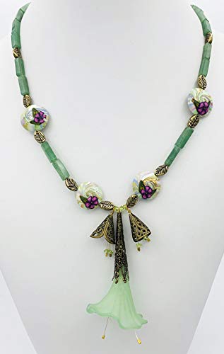 Jade Beaded Necklace And Earrings Set Trumpet Vine And Rose Antique Gold Filigree #TOP1