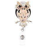 [MOTHNUR] キラキラガラスストーン付き伸縮式フクロウバッジリール レディース名刺入れ対応 耐久性メタル製カードホルダー 自転車鍵キーホル