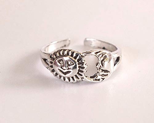 Sterling Silver Sun and Crescent Moon Small Adjustable Toe Ring Knuckle Ring, Handmade Dainty Ring