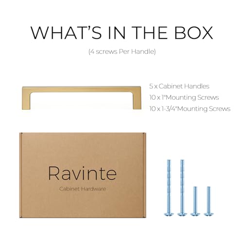 Image of Ravinte Champagne Bronze Kitchen Square Cabinet Handles 5 Inch 5 Pack | Modern Slim Style, Solid Zinc, Square Design, Screws Included, Easy Installation, for Kitchen Drawers & Cupboards