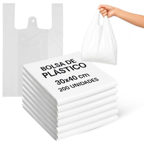 Bolsas de Plastico, Bolsa Tipo Camiseta, Bolsas economicas, Apto para objetos pequeños de poco peso, Fabricada en España, grosor de 12,5 micras (Galga 50), Blanco, 30x40 cm Desplegada, 200 unidades