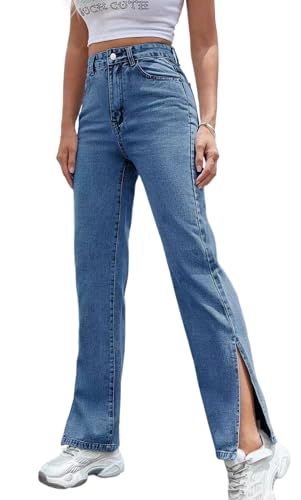 Straight Leg Jeans for Women Split Hem Relax Fit High Waisted Stretchy Bootcut Jeans Denim Pants with Pockets Blue XL