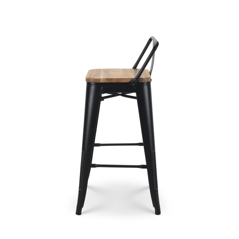 Set of 4 Matt Black Metal Industrial Style Bar Stools with Light Wood Backrest and Seat - Height 66cm