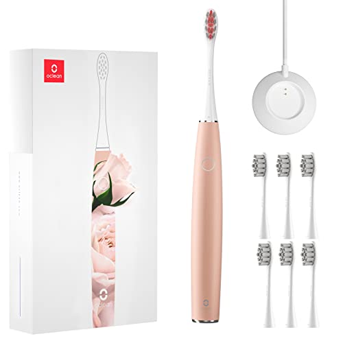 Oclean Air 2, Brosse A Dents Electrique Sonique, Design Portable et Ultra Silencieux, Tête De Brosse A Poil Dupont, Charge Rapide en 2 H pour 40 Jours, IPX7, 6 Têtes de Rechange - Rose Cover