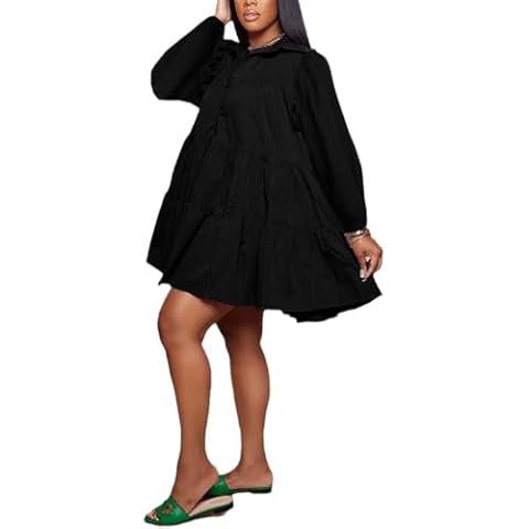 WOKANSE Women Autumn Long Sleeve Tunic Dresses Loose Babydoll Swing Ruffle A Line Tiered Short Dress Black XL Cover