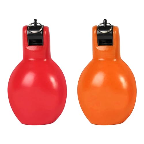 2x ハンドスクイーズホイッスル 大音量スポーツホイッスル ハイキング 屋内 屋外用 オレンジとレッド オレンジと赤 12x6.5 cm