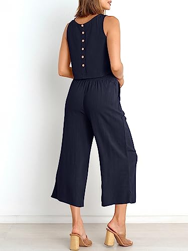 Image of ANRABESS Women's Summer 2 Piece Outfits Sleeveless Tank Crop Button Back Top Cropped Wide Leg Pants Set Pockets
