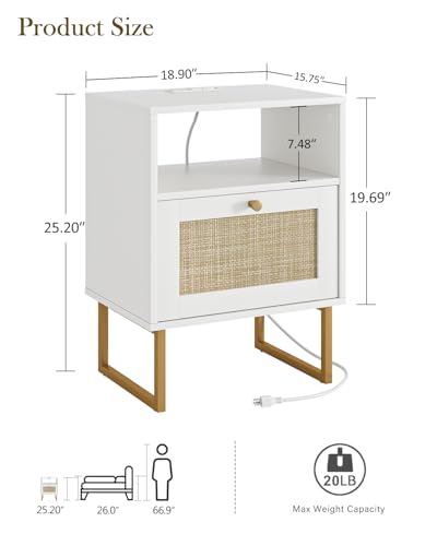 Image of Rattan Nightstand with Charging Station, Mid Century Modern Night Stand,Boho Farmhouse Wood Bedside Table with Storage and Open Shelf, End Side Accent Table for Bedroom,Living Room,White