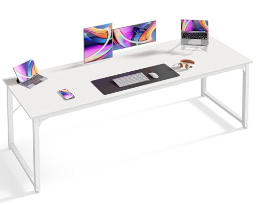 Huuger Computer Desk, 70 Inch Office Desk, Gaming Desk with Storage, Writing Desk Work Desk for Home Office, Study, Long Simple Desk, Large Legroom, Metal Frame, White