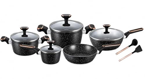 Batería de Cocina Inducción 11 Piezas – Antiadherente Tipo Mármol, Ollas y Sartenes con Tapas de Vidrio, Compatible con Todo Tipo de Cocinas (Gas, Vitro, Inducción)