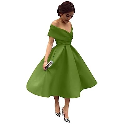 CIYUGNGJG Olive Green Bridesmaid Dress Off Shoulder Satin Prom Dress with Pockets Tea Length Wedding Party Dress Cover