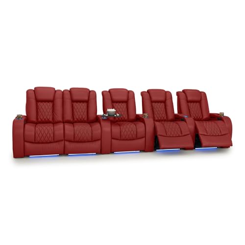 Image of Seatcraft Diamante Red Italian Leather Home Theater Seating, Zero Gravity Power Recliner Gaming and Home Office Chair, Powered Headrest Lounge Sofa Furniture for Cinema Room, Row of 5 Left Loveseats