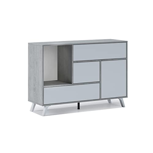 Skraut Home | Aparador para Salón o Comedor | 86 x 120 x 40 cm | Buffet con 1 Puerta + 3 Cajones | Modelo Wind | Madera Resistente | Acabado Cemento/Blanco