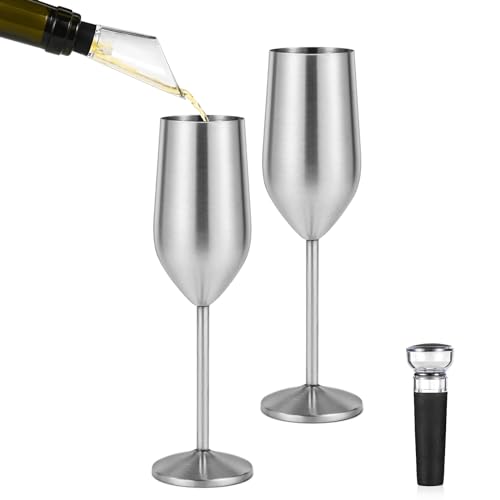 Lifecapido 2 Pack Stainless Steel Champagne Glasses, 8oz Stemmed Unbreakable Champagne Glasses, Elegant Stainless Steel Champagne Flutes for Party Wedding Christmas Anniversary, Silver