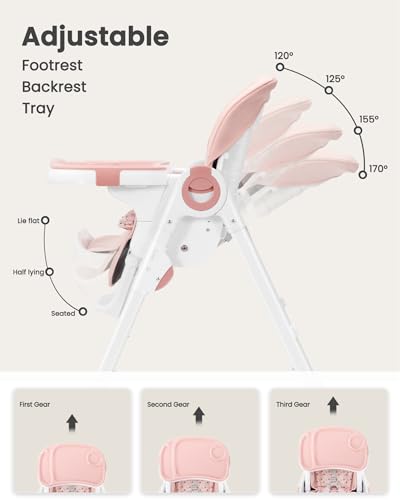 Foldable High Chair with Soft Cushion, High Chairs for Babies and Toddlers, Height Adjustable Feeding Chair, Adjustable Backrest and Footrest, Lockable Wheels, Star Pink