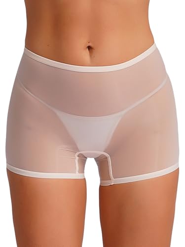 Miutii Womens Oil Glossy Silky Boyshorts Panties Sheer Stretchy Boxer Briefs Underwear Lingerie Apricot One Size