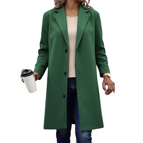 Image of Pea Coats For Women 2025 Wool Blend Mid Long Trench Coat Winter Single Breasted Jacket Warm Soft Notch Lapel Overcoat Long Trench Coat For Women Green L