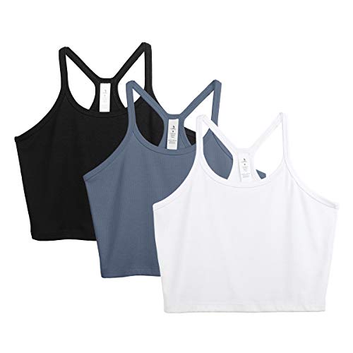 icyzone Damen Bauchfreies Gerippt Tank Top Yoga Crop Top Sommer Camisole Shirts 3er Pack (S, Black/White/Dusty Blue) Cover