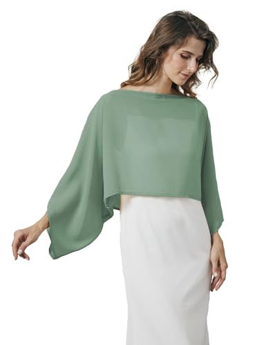 BEAUTELICATE Damen Chiffon Stola mit Ärmel Festlich Sheer Schultertuch Elegante Bolero Capelet Sommer Brautjacke für Abendkleider Brautkleider Hochzeit Matte Salbeigrün S-M