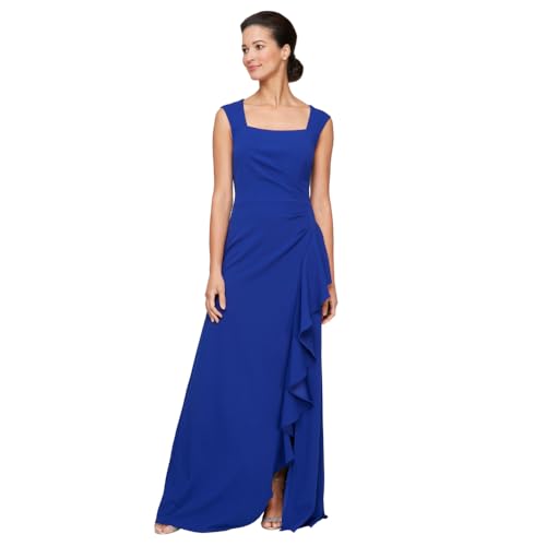 Image of Alex Evenings Women's Long Cascade Ruffle Sleeveless Gown with Leg Slit, Mother of The Bride Dress, Elegant Party Gown