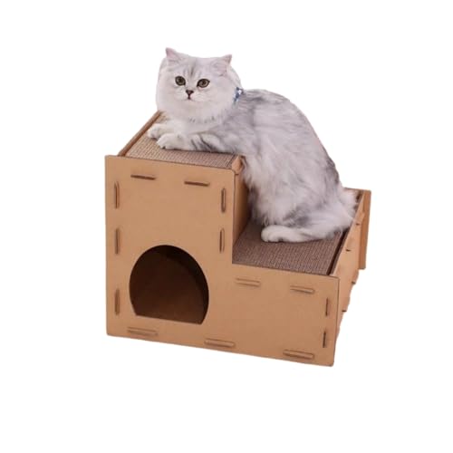 猫つめとぎ 爪とぎ猫ハウス キャットタワー ダンボールハウス 簡単な組み立て式 爪とぎ兼ベッド キャットハウス/二階/三階建て猫洋館立型一体型猫爪板猫玩具 (ブラウン,二階)