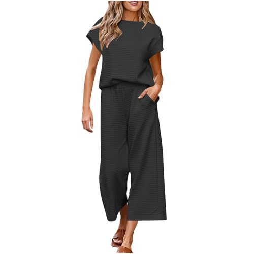 Two Piece Sets for Women Summer Fall Travel Outfits Sweatsuits Casual Pullover Tops and Wide Leg Sweatpant Lounge Sets Trendy