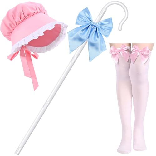 Kuscul 4 Pcs Halloween Shepherdess Costume Include Shepherd Staff Pink Bonnet Hat Bowtie Knee High Stockings for Women Party Dress Up