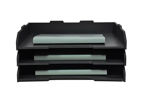 A3 Stackable Paper Tray, 3 Tier Desk File Organizer, Desktop Organizer for Office Supplies,Office Desk Accessories & Workspace, /A3 Office File Folder, Office School, White (Landscape-Black-3-Tier)