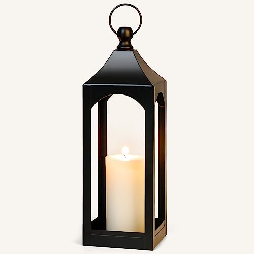 Modern Farmhouse Lantern Decor, Black Metal Decorative Hanging Candle Lanterns Ideal for Home Decor, Parties & Events, 15.1" High (No Glass Panel)