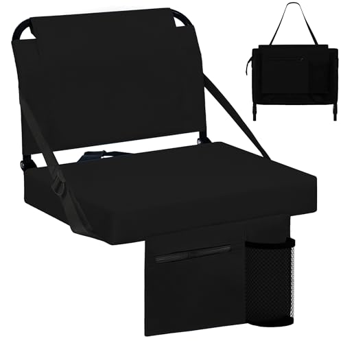Besunbar Stadium Seats for Bleachers with Back Support Bleacher Seat Soft Cushion Light Weight Includes Shoulder Strap & Cup Holder, Front & Back Zipper Pocket, Suitable for Sports Events,Black