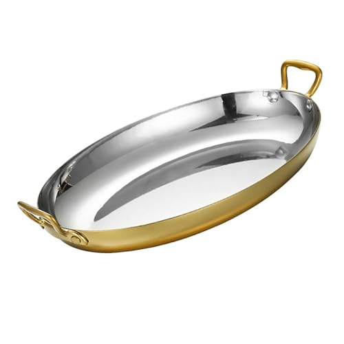 QSYJCCXD Paellera ovalada española de doble oreja, de acero inoxidable, antiadherente, sartén sin revestimiento, olla de seapaella, olla caliente para el hogar, dorado, 35 cm