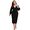 Verdusa-Womens-Plus-Size-Bishop-Sleeve-Plunging-V-Neck-Belted-Bodycon-Dress Verdusa Women's Plus Size V Neck Lantern Sleeve Midi Belted Bodycon Dress Black 2XL