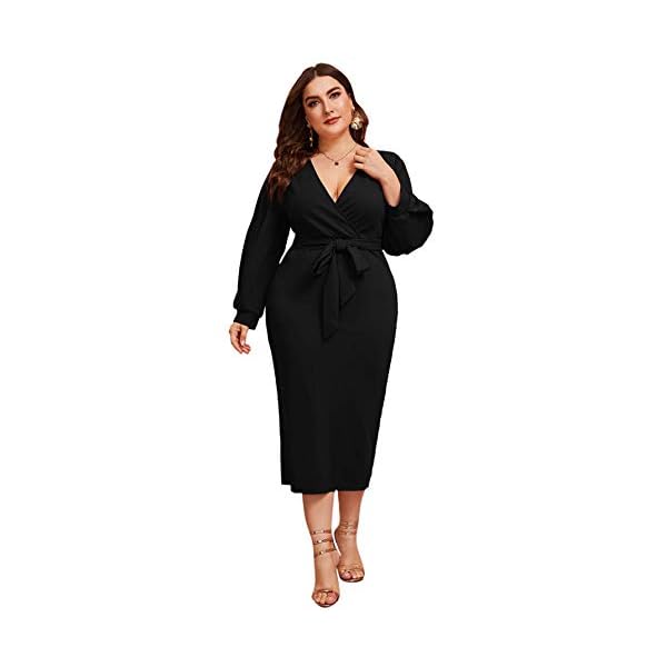 Verdusa-Womens-Plus-Size-Bishop-Sleeve-Plunging-V-Neck-Belted-Bodycon-Dress Verdusa Women's Plus Size V Neck Lantern Sleeve Midi Belted Bodycon Dress Black 2XL