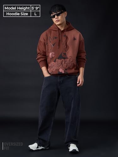 Image of The Souled Store Naruto Shippuden: Itachi's Story Men and Boys Full Sleeves Hooded Neck Brown Graphic Printed Cotton Blend Pullover Oversized Hoodies