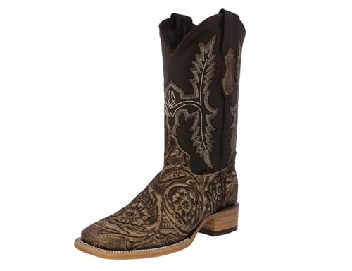 Texas Legacy Mens Sand Cowboy Boots Hand Tooled Leather Floral Square Toe