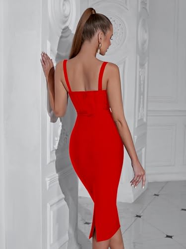 Image of Bandage Womens Formal Dress Spaghetti Strap Bodycon Prom Dress Celebrity Sexy Sleeveless Midi Evening Club Party Wear