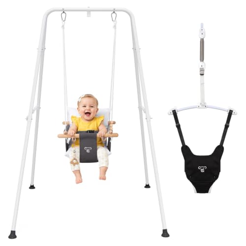 Image of RAGOZONERY 2 in 1 Baby Jumper with Toddler Swing, Baby Jumpers and Bouncers,Indoor Outdoor Toddler Swing Set, Cotton (Black)