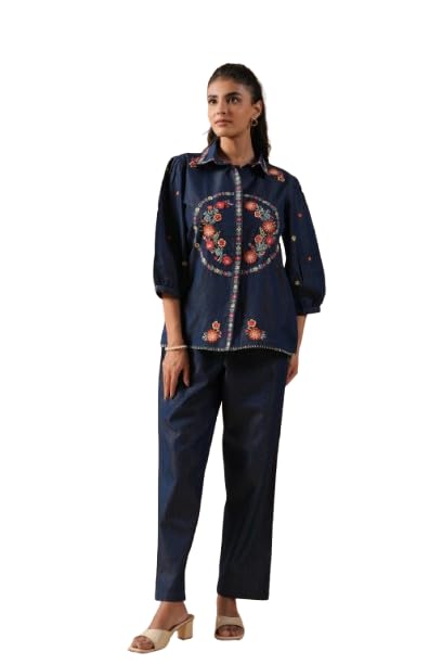 pranisha Women Navy Blue Embroidered Denim Shirt & Trousers Co-Ord Set-picture-0
