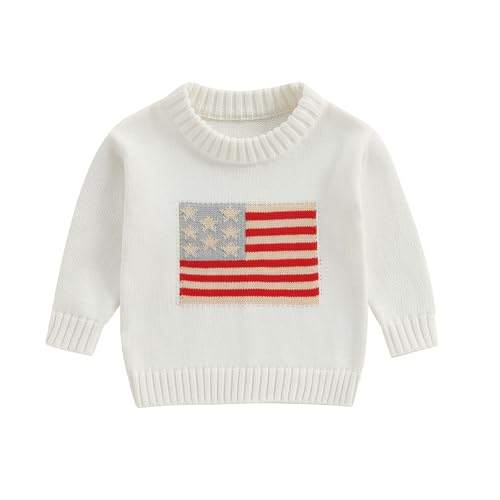 Toddler Baby Boy Girl 4th of July Outfit Long Sleeve Crewneck American Flag Sweater Memorial Day Patriotic Pullover Knit Tops (White, 3-6 Months)