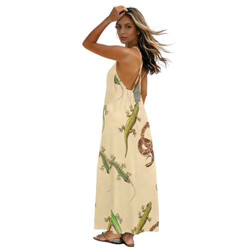 Robe longue sexy verte imprimé gecko chic pour femme