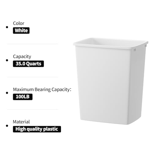 Image of ROOMTEC 35QT Kitchen Trash Can,Sturdy and Lightweight Slim Trash Can,1-Pack | 35QT Plastic Trash Can, Trash Cans for Kitchen, Workspace, Bathroom, Office, Easy to Clean ,Wide-open Top Design, White