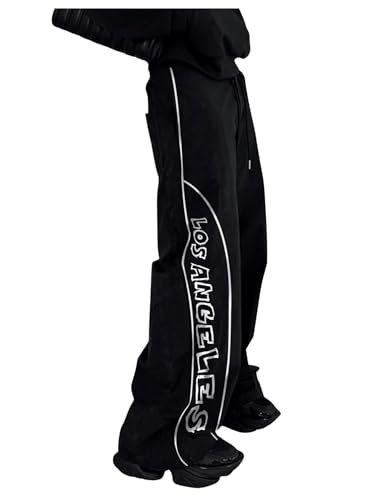 OYOANGLE Men's Letter Graphic Print Baggy Sweatpants Y2K Drawstring Straight Leg Track Pants Hip Hop Trousers