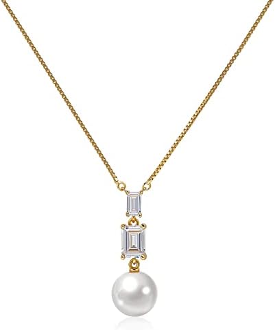 SUPRAONE Pearl Pendant Necklace 9-10mm Pearls and Cubic Zirconia necklace with 16" Box Chain Plating 18K Gold Pearl Necklace for Women Real Pearl Necklaces (CZ-Pearl-Yellow Gold)